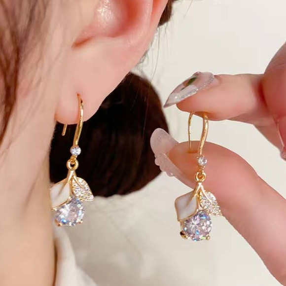 Zircon Ginkgo Leaf Hook Earrings Shiny Sparkle Dangle Drop Festive Sparkle‎ - Picture 12 of 16